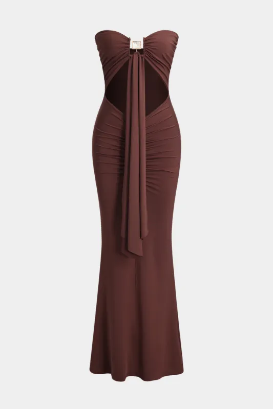 Metallisk udsmykning RUCHED udskåret stropløs maxi -kjole sold by Micas