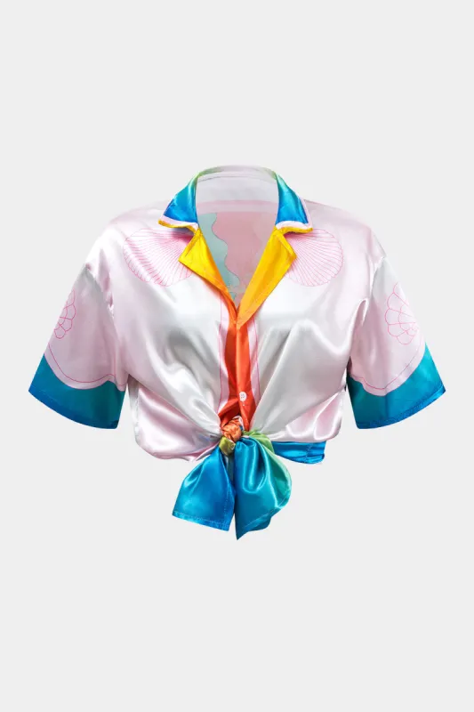 Satin Color Block Print Shortærme skjorte made by Micas