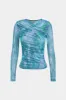 Vandfarveprint Mesh Ruched krydsede langærmet top sold by Micas