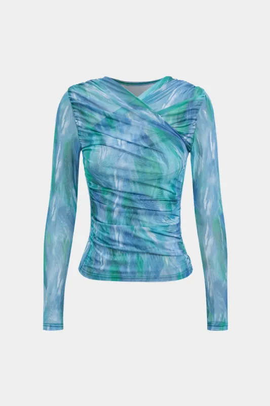 Vandfarveprint Mesh Ruched krydsede langærmet top sold by Micas