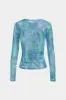 Vandfarveprint Mesh Ruched krydsede langærmet top sold by Micas