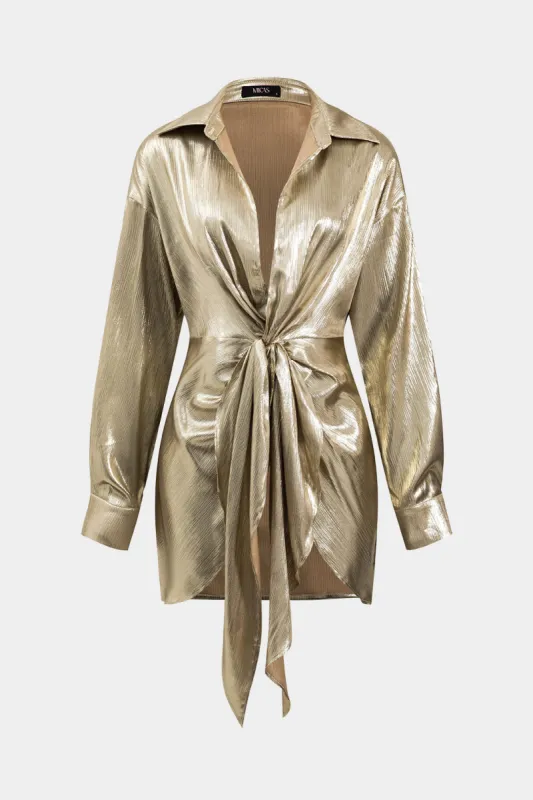 Metallic Tie Front Long-Sleeve Shirt made by Micas