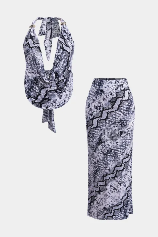 Snake Skin Print Cowl Neck Top og Nederdel sæt sold by Micas