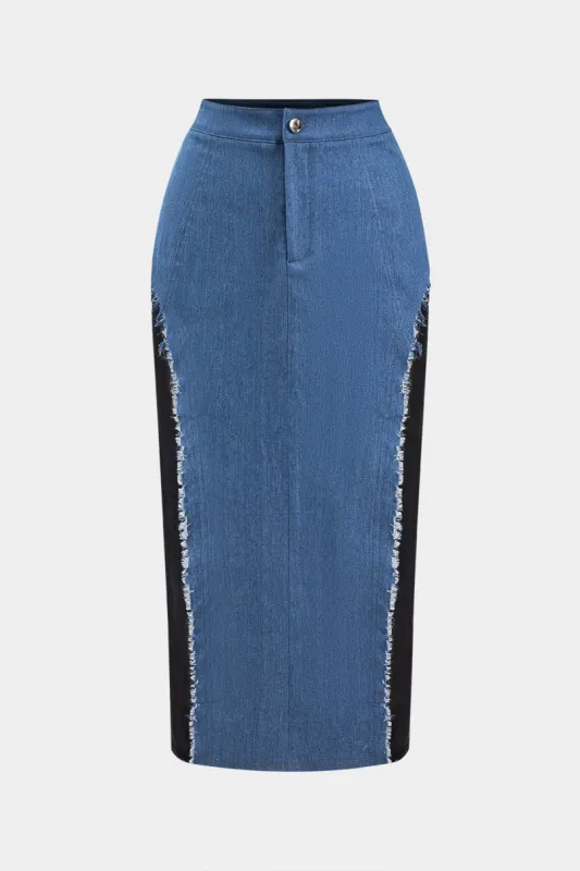 Denim kontrast mesh patchwork nederdel sold by Micas