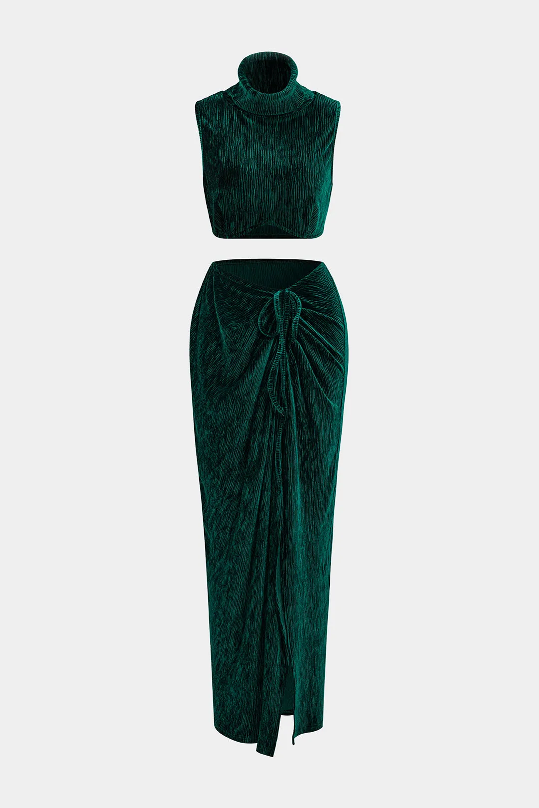 Velvet Top And Knotted Ruched Side Slit Skirt Set sold by Micas