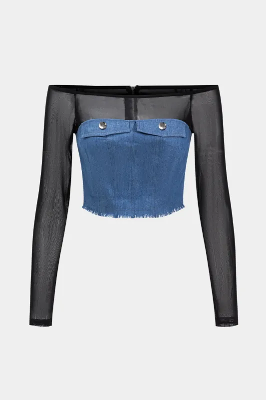 Denim Mesh Patchwork Zipper Long-Sleeve Top sold by Micas
