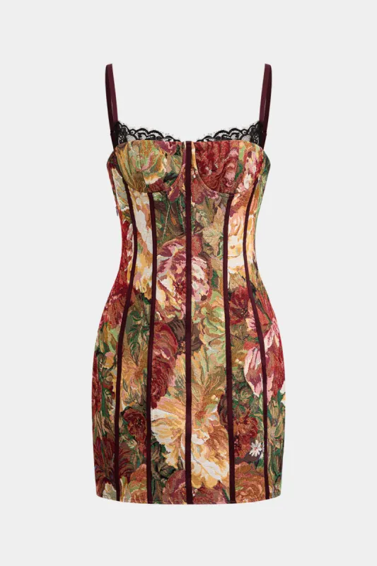 Blomster Jacquard Patchwork ærmeløs slip bustier mini kjole made by Micas