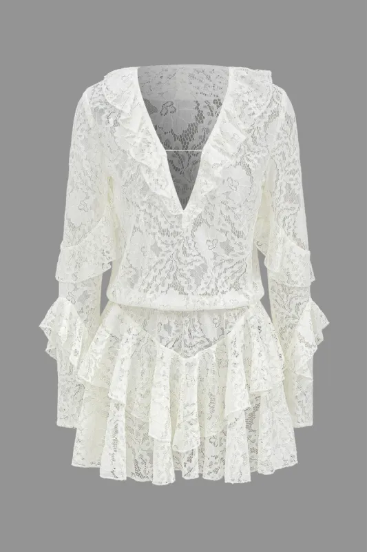 Lace V-Neck Long Sleeve Ruffle Mini Dress sold by Micas