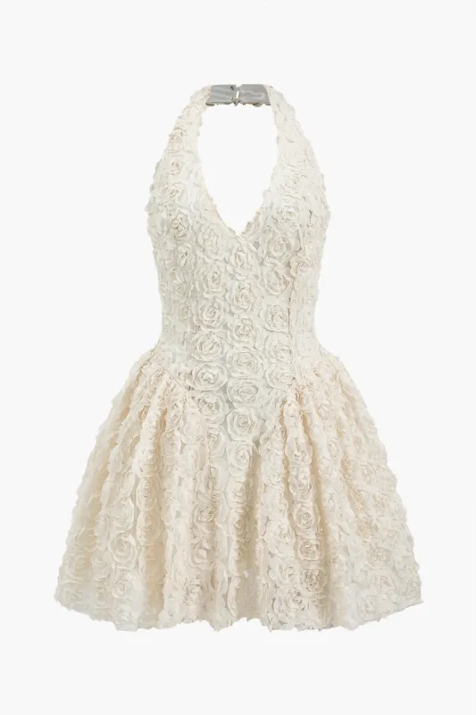 3d blomster ærmeløs halter hals v-hals rygfri mini kjole sold by Micas