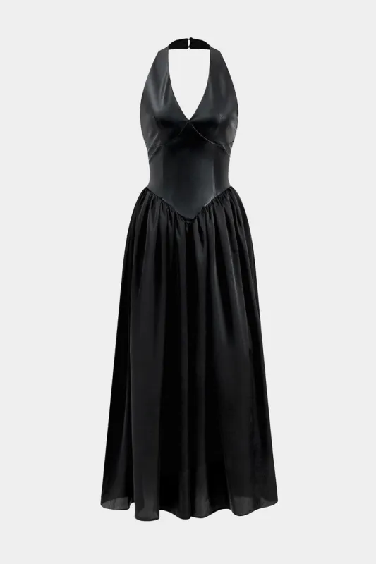 Faux Leather Satin Backless V-Neck Ruched Sleeveless Maxi Dress made by Micas