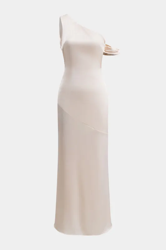 Satin asymmetrisk en skulderrygfri maxi -kjole sold by Micas