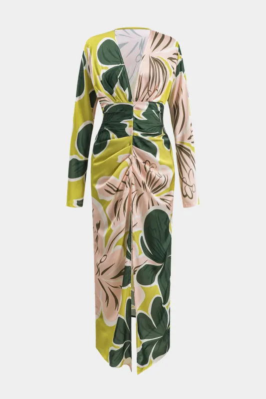 Abstract Floral Print Long Sleeve Ruched V-Neck Maxi Dress sold by Micas