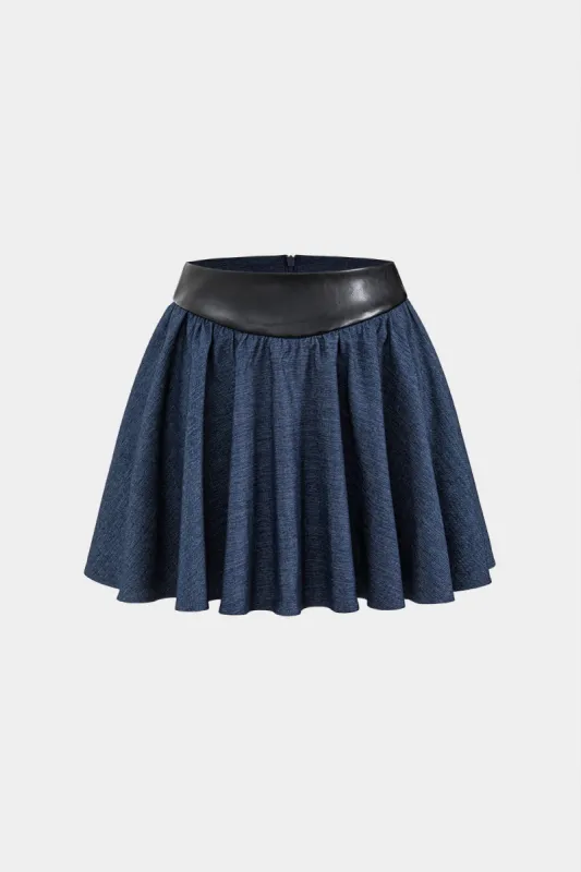 Faux Leather Denim Patchwork Ruched Skirt sold by Micas