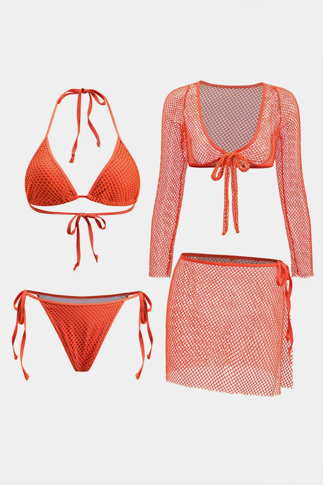 Mesh Tie-Up Bikini og Tie Knot Cover Up 4-Piece Set sold by Micas