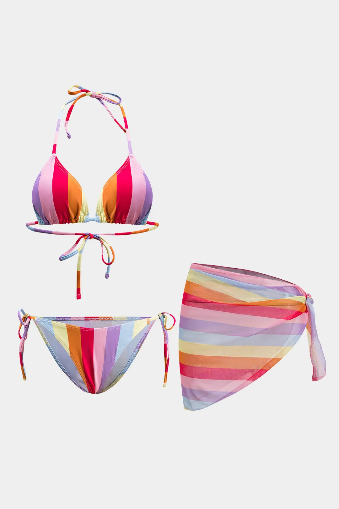 Stripes Rainbow Print Ruched Rackless Tie-Up Bikini og Tie Knot Cover Up Set sold by Micas