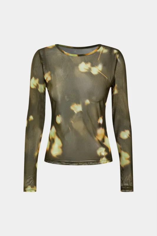 Tie farvestofprint mesh rundt hals langærmet top sold by Micas