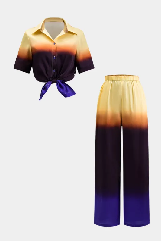 Ombre Print Satin Button Shortærmet skjorte og brede benbukser sæt made by Micas