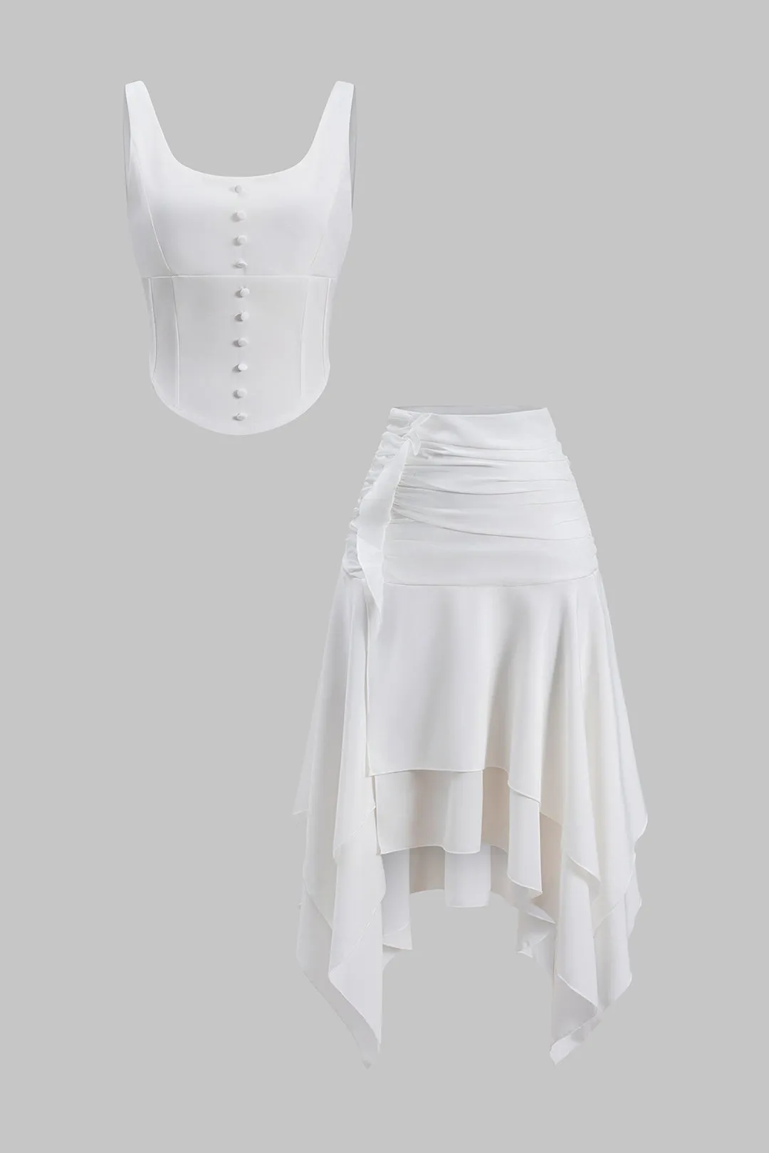 Solid Ruffle Corset Zipper Tank Top og Ruched Nederdel Set sold by Micas