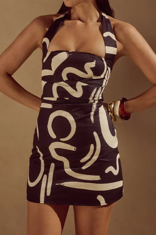 Abstrakt udskrivning Tie lynlås bagløs mini kjole sold by Micas