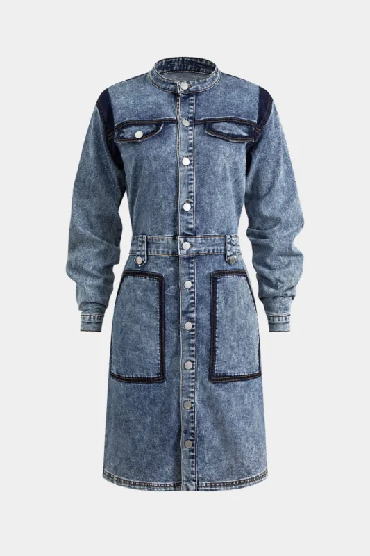 Denim klap lomme knap langærmet kjole sold by Micas