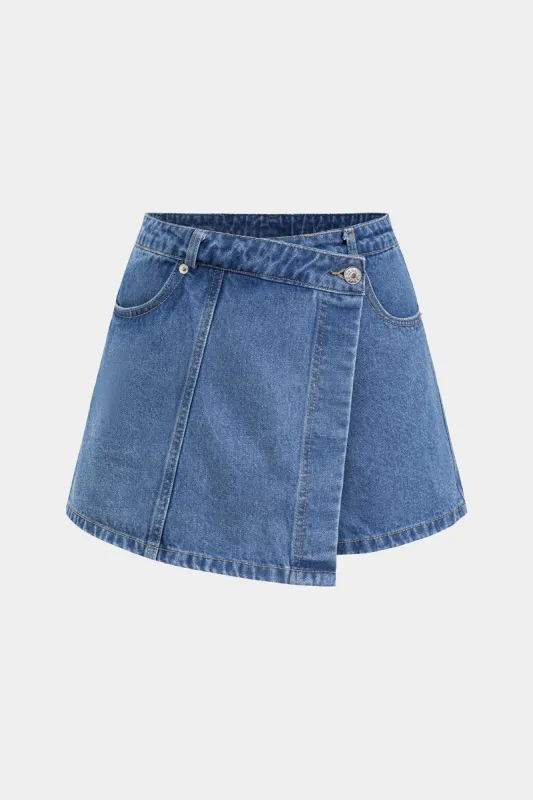 Denim asymmetrisk knaplommehorts sold by Micas