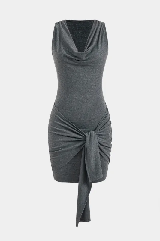 Ruched Tie Front Draped Cowl Neck Sleeveless Mini Dress sold by Micas