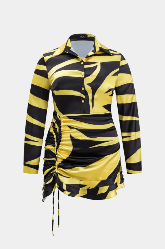 Plus Size Contrast Satin Ruched Button Drawstring Long Sleeve Mini Dress sold by Micas