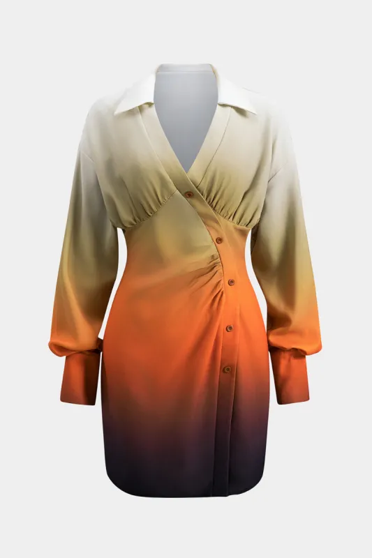 Ombre print ruched asymmetrisk knap lynlås lange ærmer mini kjole sold by Micas