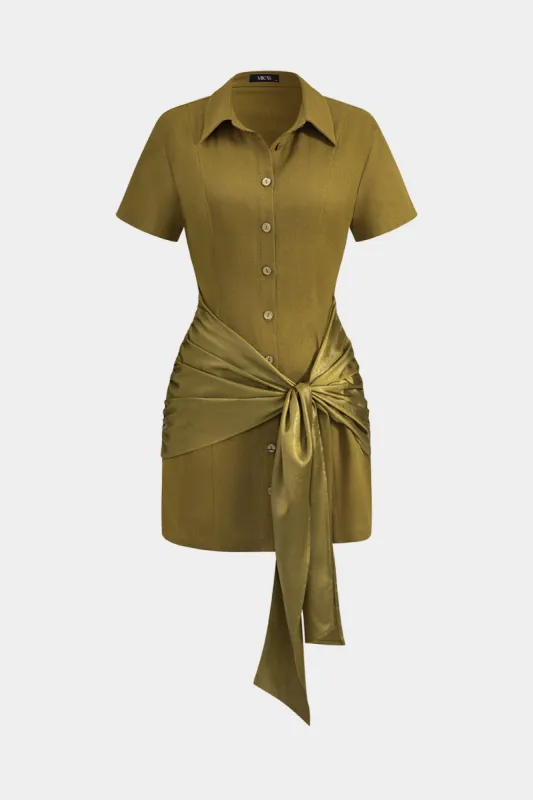 Linned satin patchwork slips front knap kort ærme mini kjole sold by Micas