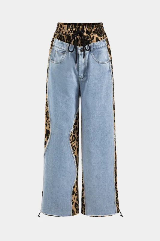 Leopard print denim patchwork slips front lomme brede ben jeans sold by Micas