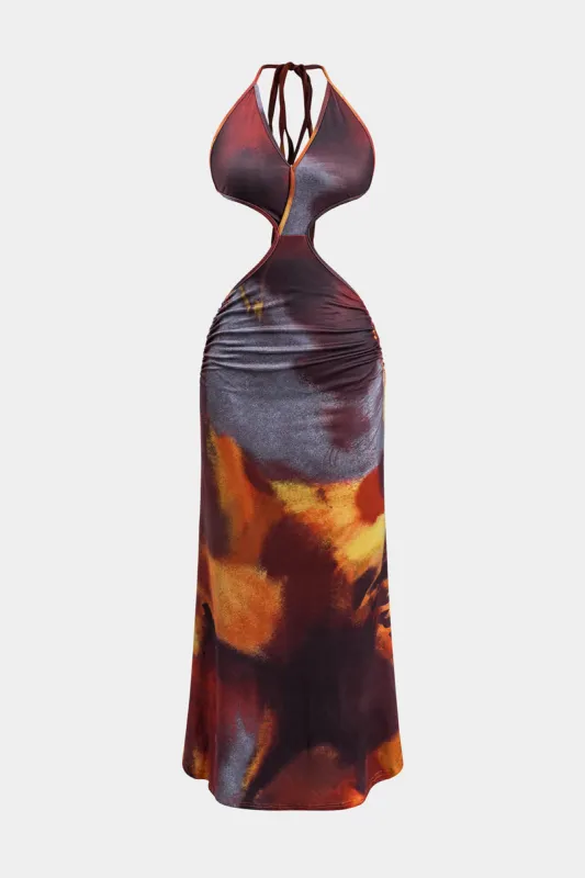 Abstract leopard print ruched bind bagløs maxi kjole sold by Micas