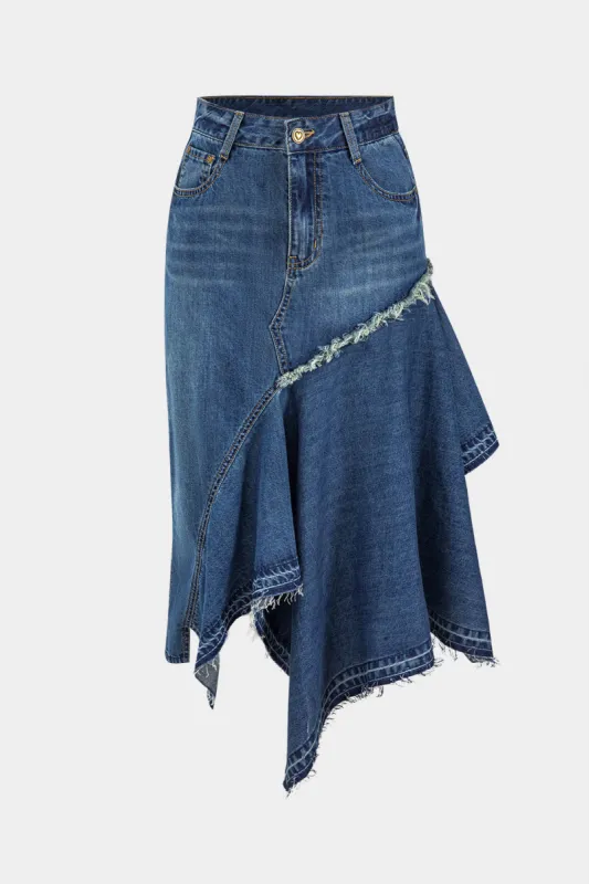 Denim ruched patchwork asymmetrisk knaplomme nederdel sold by Micas