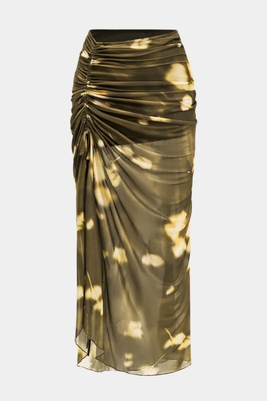 Abstract Print Mesh Ruched Asymmetrical Slit nederdel sold by Micas