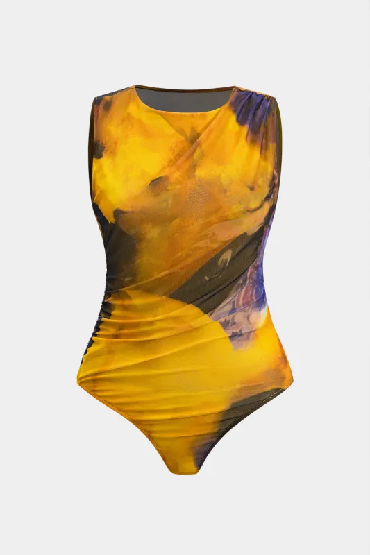 Plus størrelse ombre print mesh ruched ærmeløs bodysuit sold by Micas