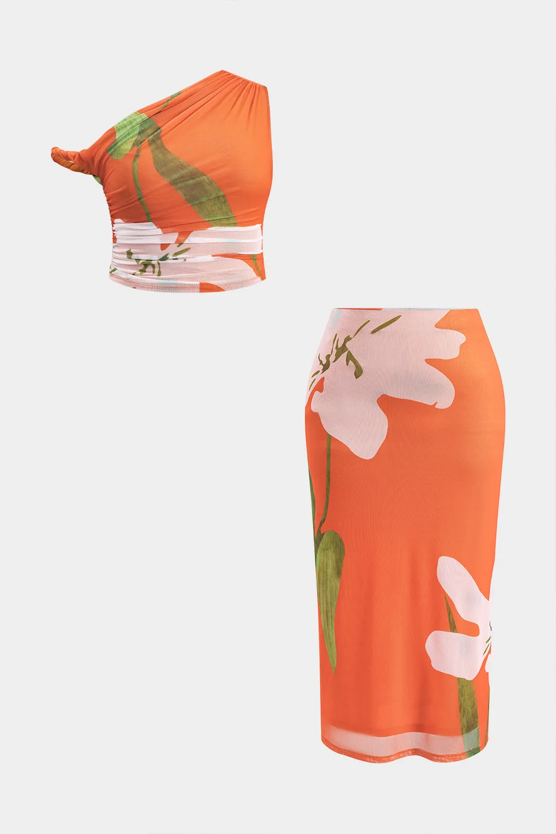 Plus størrelse blomsterprint Mesh Ruched Asymmetrical Twist Knot Top and Nederdel Set sold by Micas product image thumbnail 2