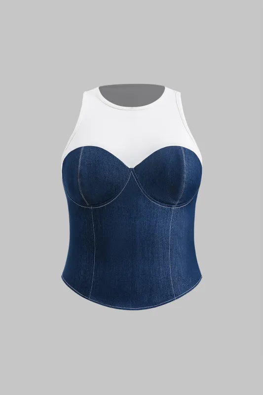 Plus størrelse kontrast denim patchwork bustier top sold by Micas
