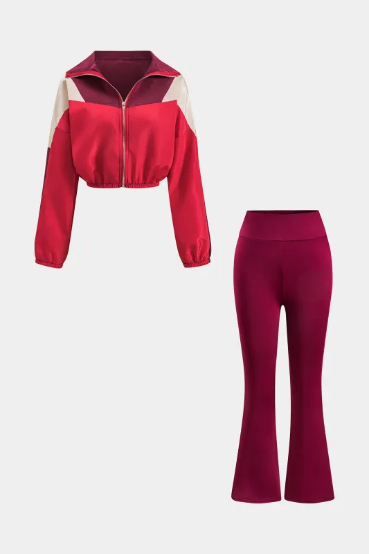 Kontrast Ruched Patchwork lynlås langærmet top og blussede benbukser sæt sold by Micas