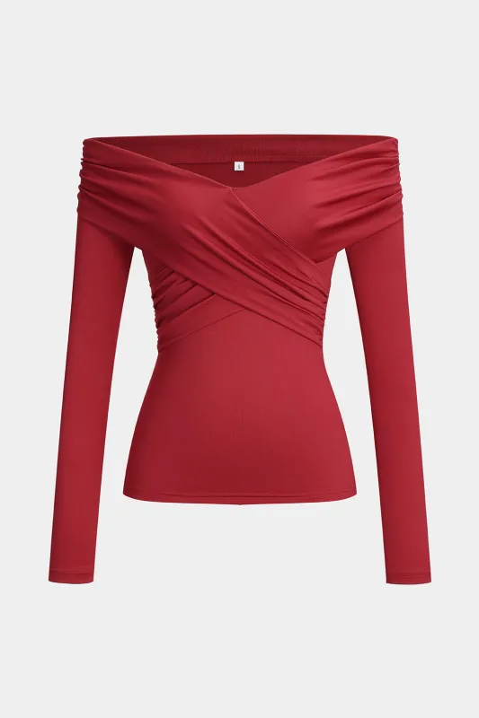 Ruched krydsede skulderen langærmet top sold by Micas