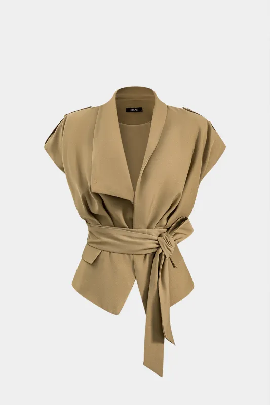 Ruched Belted Tie Front Fake Pocket Notched Lapel Blazer sold by Micas