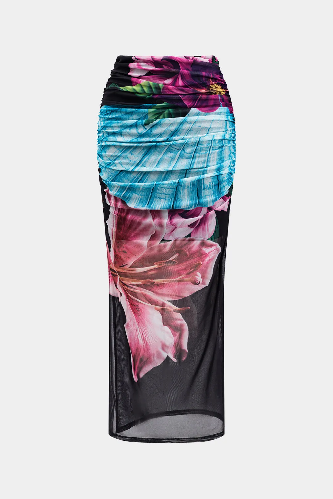 Blomsterprint Mesh Bead Cut Out Top and Ruched Slit nederdel sæt sold by Micas product image thumbnail 4