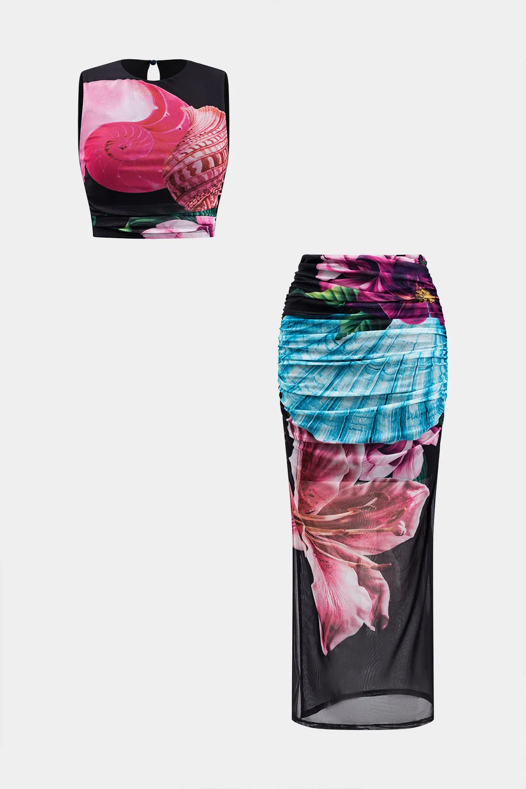 Blomsterprint Mesh Bead Cut Out Top and Ruched Slit nederdel sæt sold by Micas