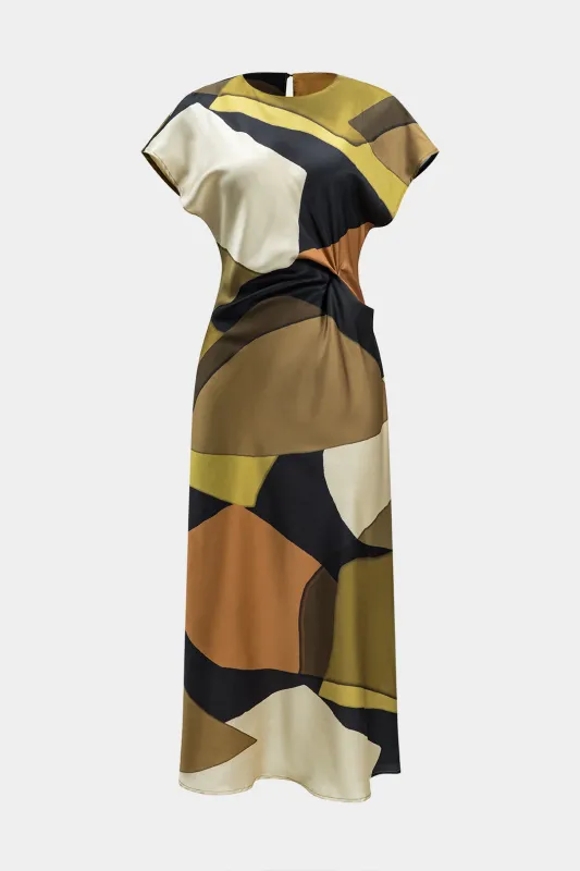 Abstract Print Satin Ruched Cut Out Button Midi Dress sold by Micas