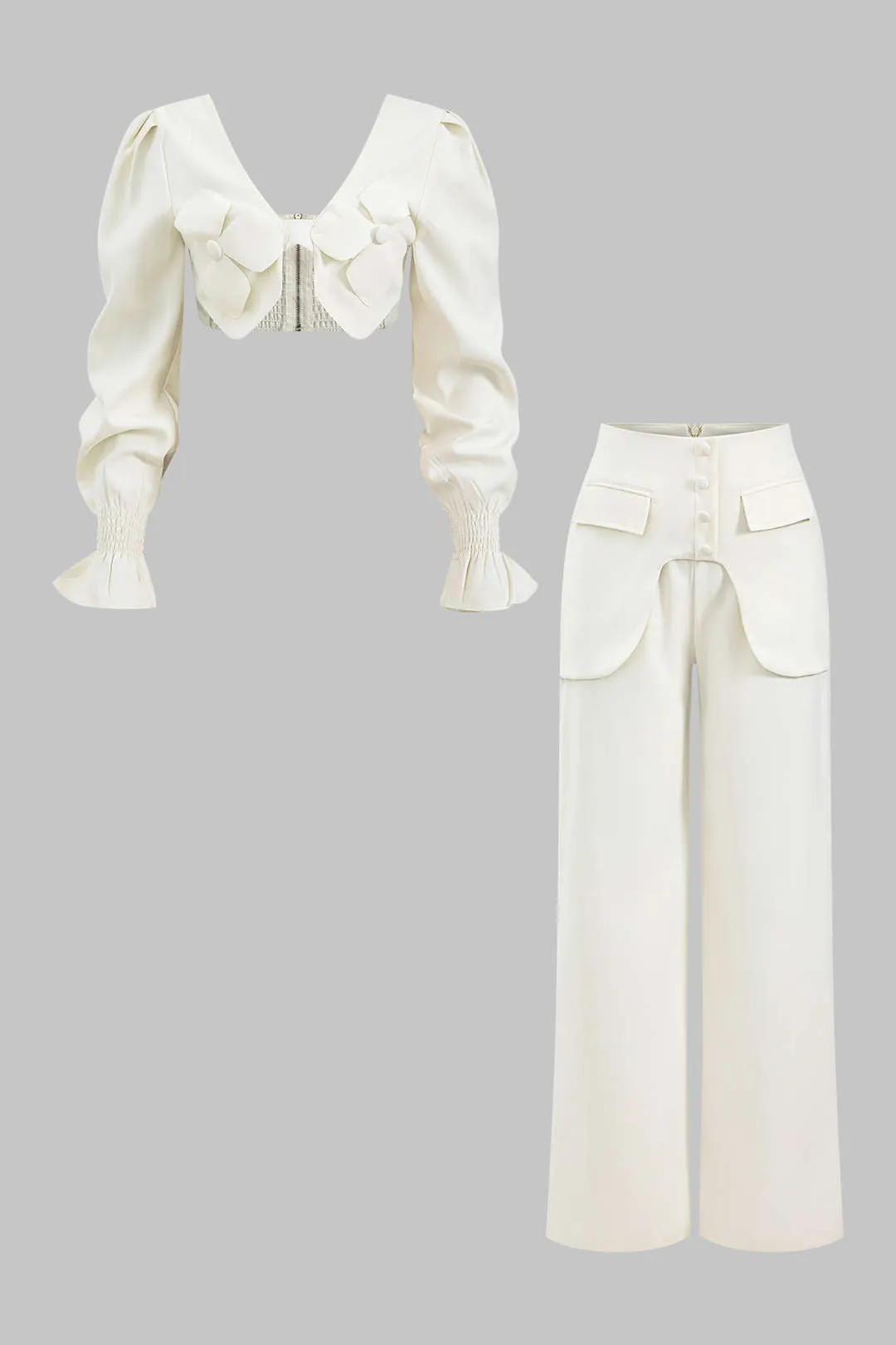 3d blomsterlynlås langærmet top og falske lommebrede benbukser sæt sold by Micas product image thumbnail 2