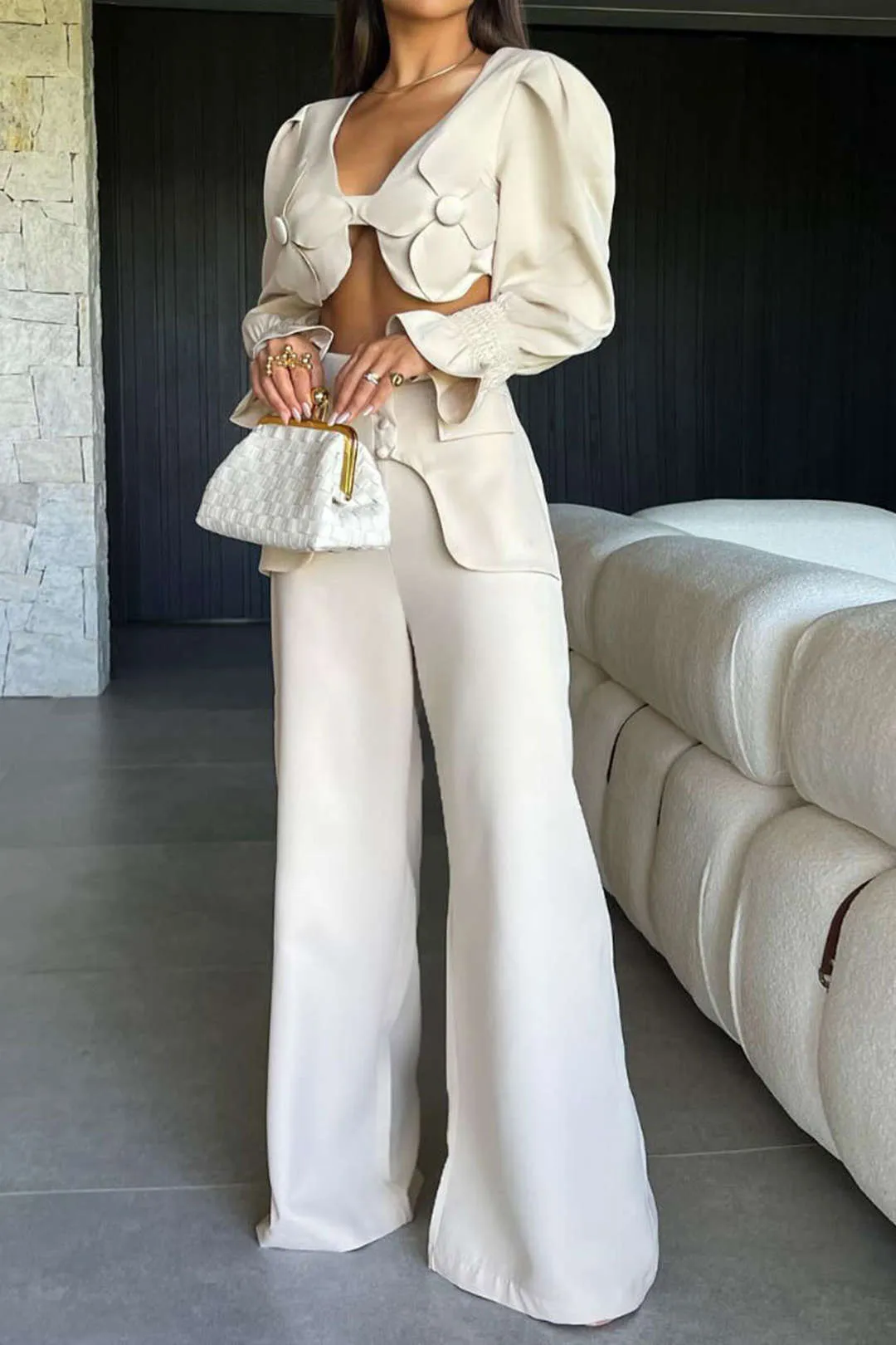 3d blomsterlynlås langærmet top og falske lommebrede benbukser sæt sold by Micas