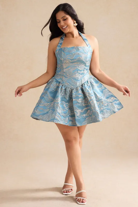 Plus størrelse Jacquard Ruched Halter Neck Zipper Mini Dress sold by Micas