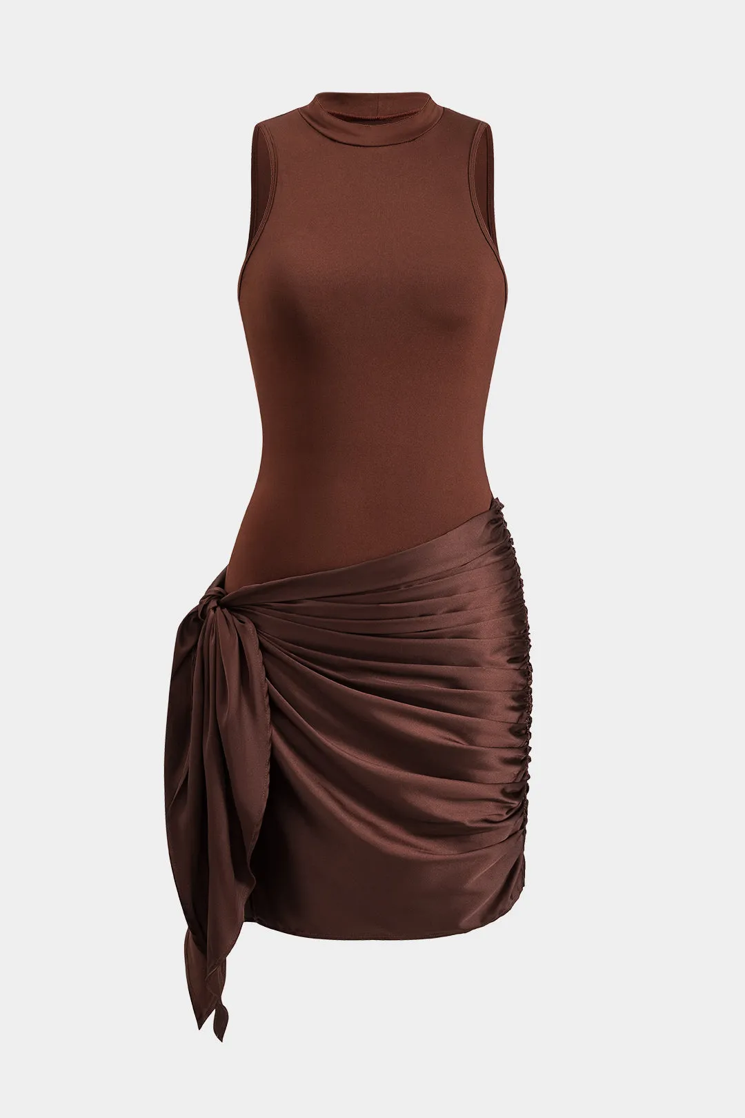 Satin patchwork ruched tie knude ærmeløs mini kjole sold by Micas