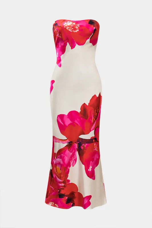 Blomsterprint satin stroppeløs midi -kjole sold by Micas
