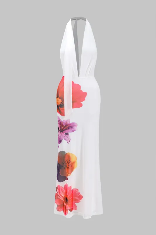 Blomsterprint Mesh Ruched Tie Up bagløs maxi -kjole sold by Micas