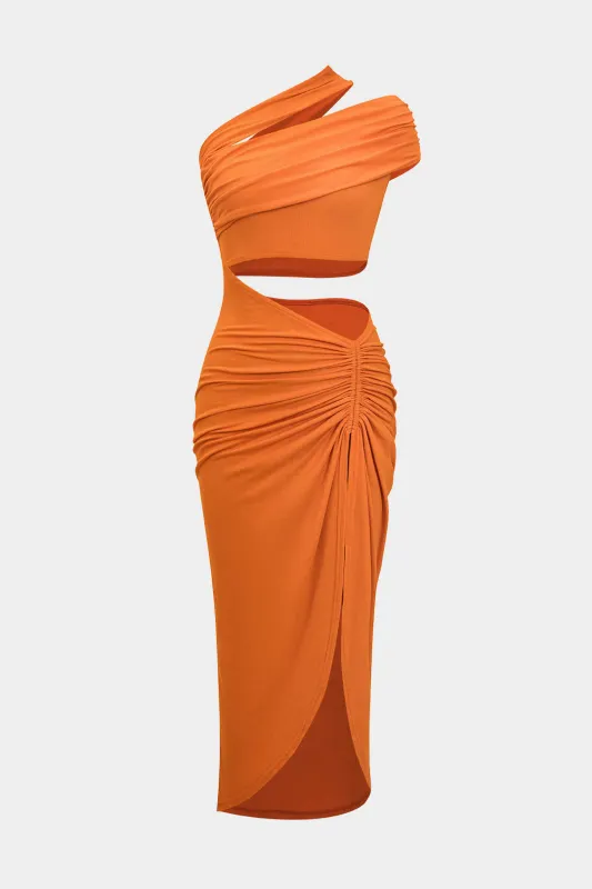 Ruched asymmetrisk udskåret spalt Midi -kjole sold by Micas