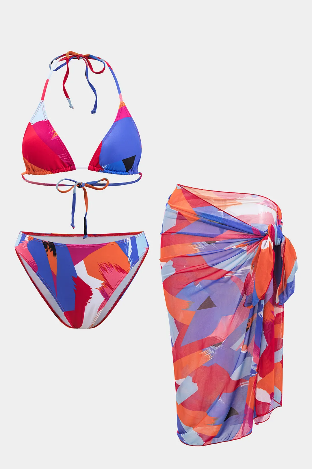 Kontrast Mesh Ruched Tie-Up Bikini og Tie Knot Cover Up Set sold by Micas